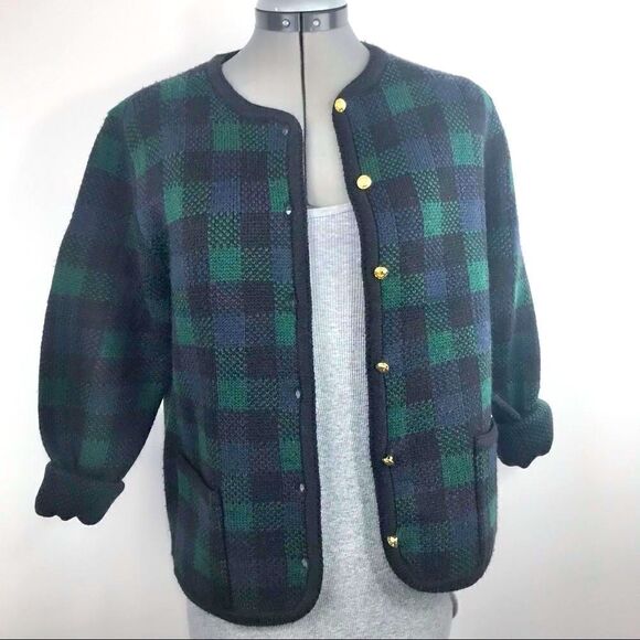 Crystal-Kobe early 2000’s Navy and Green Plaid Soft Knit Blazer Jacket - Picture 2 of 12